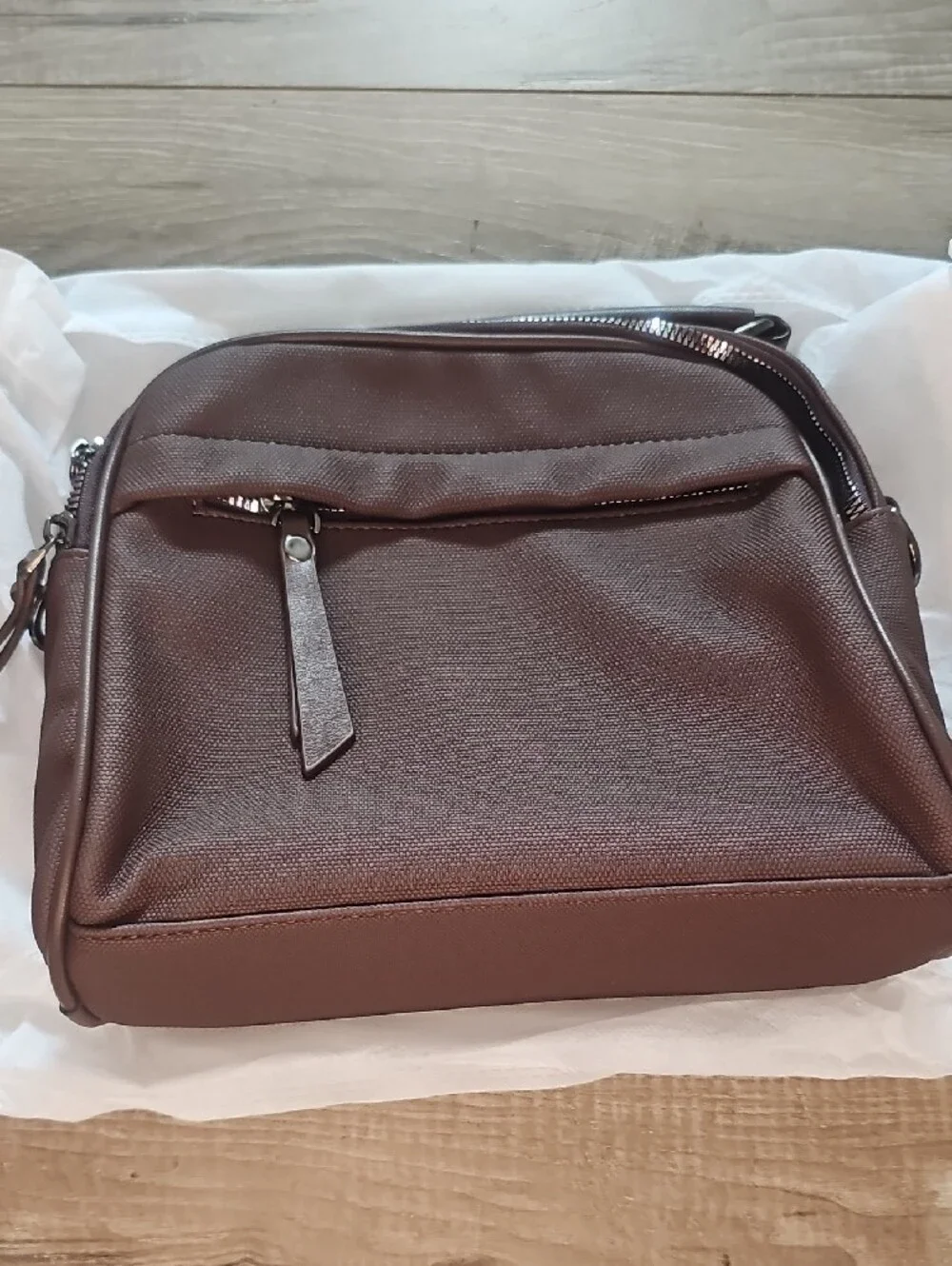 Textured Brown Crossbody Bag with Front Zip Pocket